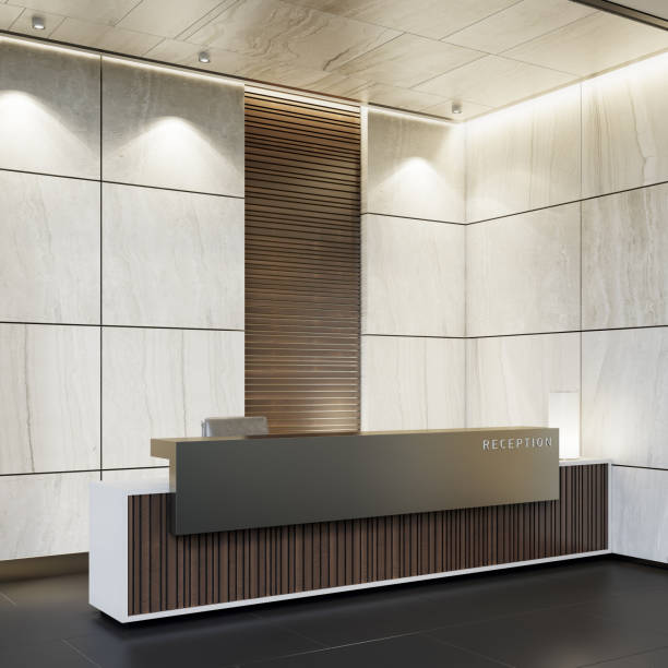 istock Reception desk luxurious open space interior with marble tiles with copy space 1256933303