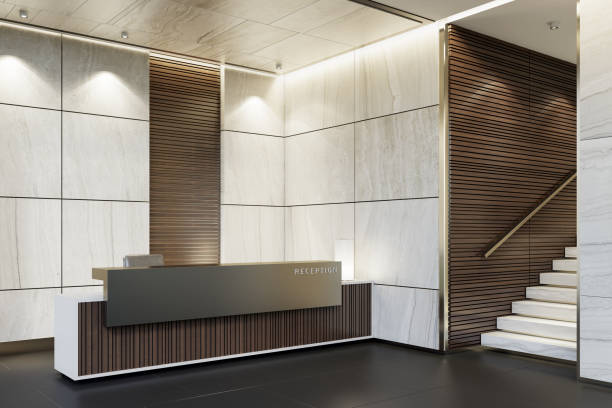 istock Reception desk luxurious open space interior with marble tiles with copy space 1256933305