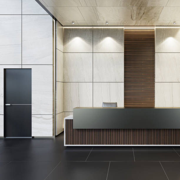 istock Reception desk luxurious open space interior with marble tiles with copy space 1256933331