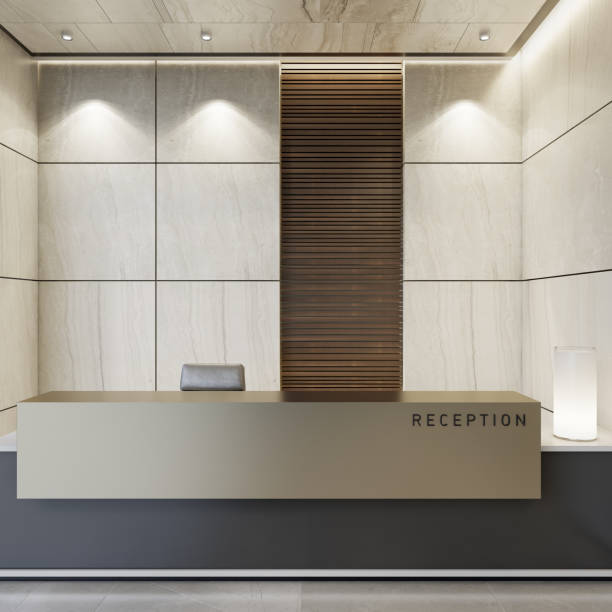 istock Reception desk luxurious open space interior with marble tiles with copy space 1256933340