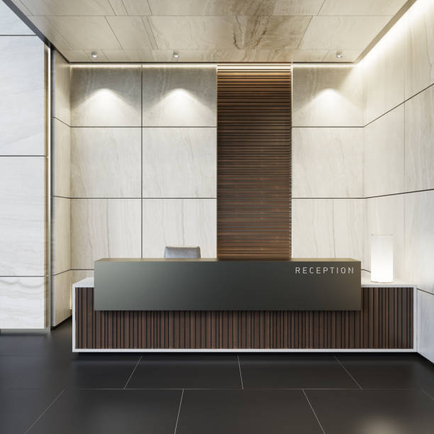istock Reception desk luxurious open space interior with marble tiles with copy space 1256933343