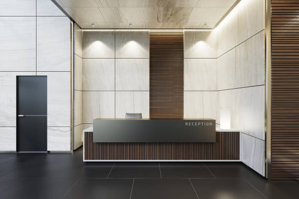 istock Reception desk luxurious open space interior with marble tiles with copy space 1256933345