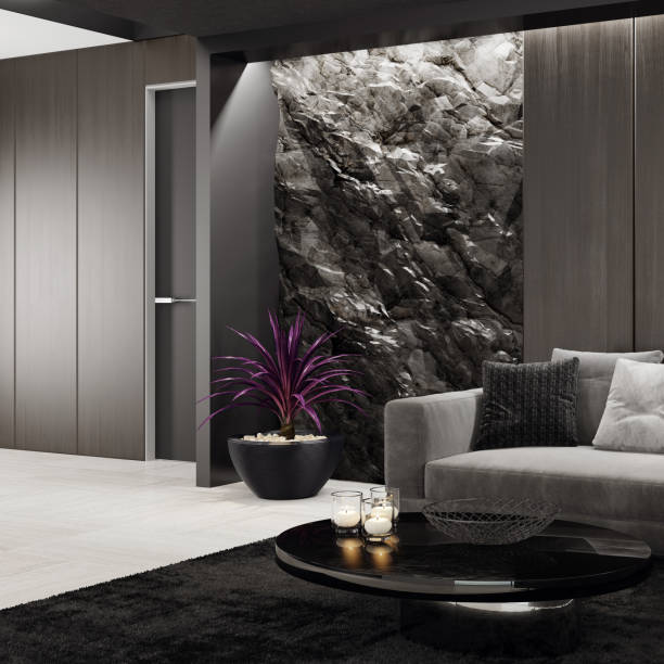 istock Mountain rock stone wall in luxurious lounge room interior 1256933975