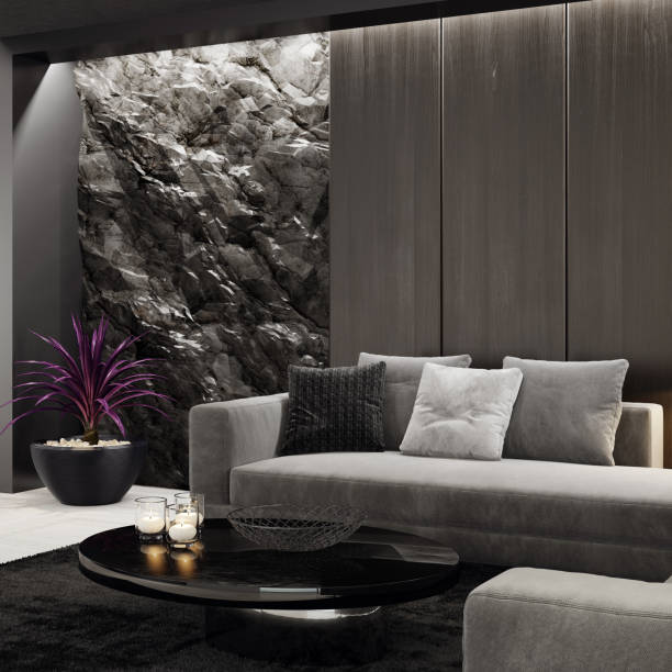 istock Mountain rock stone wall in luxurious lounge room interior 1256933983