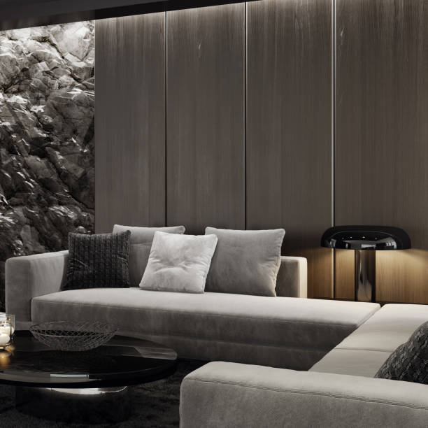 istock Mountain rock stone wall in luxurious lounge room interior 1256933984