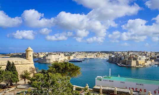 Valletta, Malta, Feb 28, 2020. Beautiful Malta Valletta city skyline in front of the sea in a sunny day.