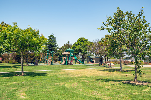 Rice Park in Downtown Santa Maria, California. Three-acre neighborhood park includes a playground for the kids, a softball field, and picnic areas.  Santa Maria, California/USA - July 16, 2020