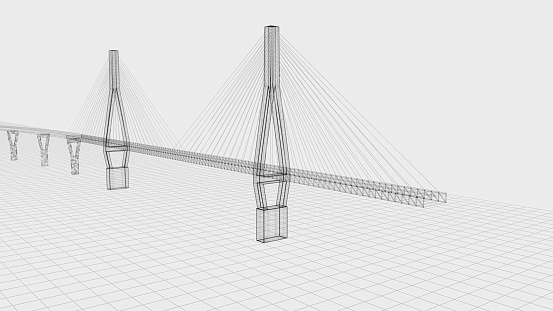 Sketch lines of suspension bridge, 3d rendering. Computer digital drawing.