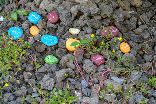 Hana, Maui, Hawaii, USA,  February 6, 2019:. Back side of the famous Road to Hana. These painted positive message rocks were found on the side of the road.