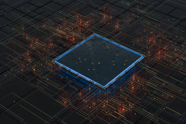 istock Circuit with glowing lines with dark background, 3d rendering. 1256935686
