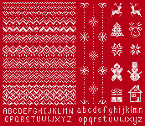 Knitted font and elements. Vector illustration. Christmas seamless texture. Knitted sweater print. Knit elements and font. Vector. Christmas seamless borders. Sweater pattern. Fairisle ornaments with type, snowflake, reindeer, tree, snowman, gift box. Knitted print. Red texture. Xmas illustration christmas pattern stock illustrations