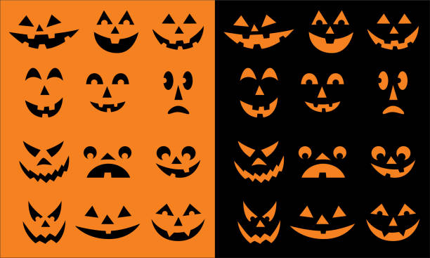 Black And Orange Pumpkin Faces Vector spooky halloween pumpkin faces on orange and black backgrounds. anthropomorphic stock illustrations