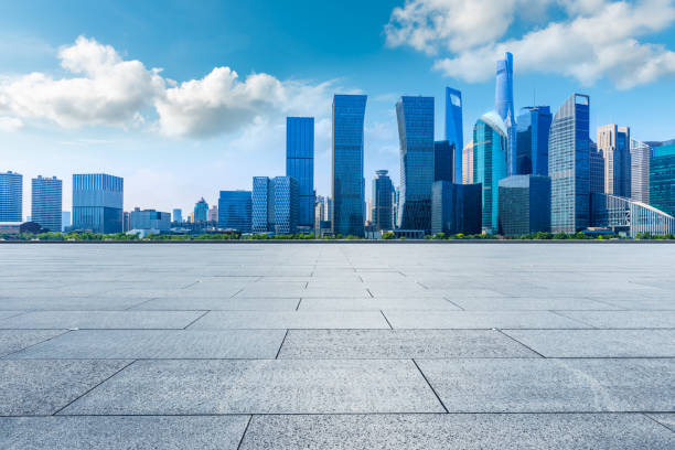 istock Empty floor and modern city skyline with buildings in Shanghai. 1256952414