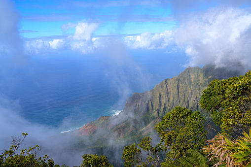 Foggy view on Kauai from cloud level overlooking a valley and sea.