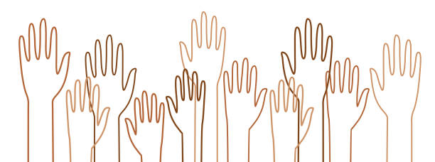 Diverse Outlined Raised Hands White Background Vector illustration of diverse brown and beige hands on a white background. racial equality stock illustrations