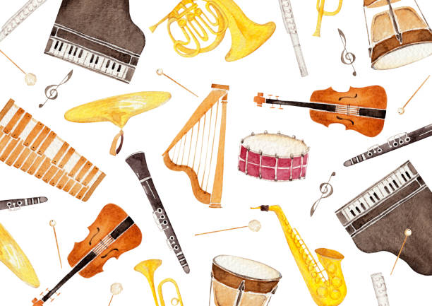 illustrazioni stock, clip art, cartoni animati e icone di tendenza di sfondo dello strumento musicale - trumpet musical instrument isolated jazz