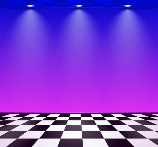 istock 80s styled vapor wave room with blue and purple wall over checked floor 1256957166