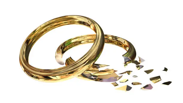 Photo of broken ring divorce crisis problems arguing in marriage - 3d rendering