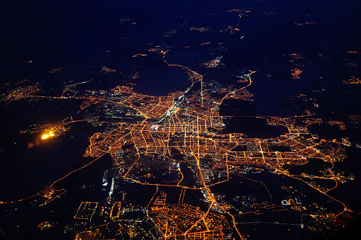 Night view on Novosibirsk from airplane, Russia. High quality photo