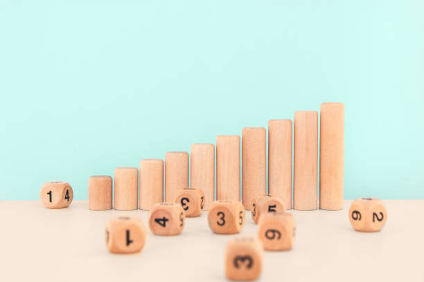 istock Wooden blocks as increasing graph bar. Dice stack on white table. Concept for business risk, chance, or growth. 1256967193