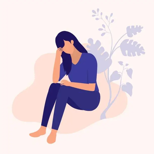 Vector illustration of Woman Suffer From Depression. Mental Health And Social Issues Concept. Vector Flat Cartoon Illustration.