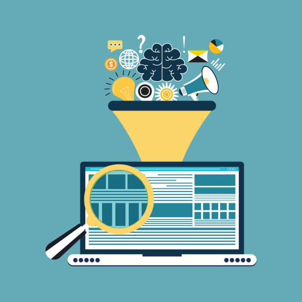 Concepts for creative process, big data filter, data tunnel, analysis vector concept Data, Funnel, Laptop, Analyzing,icons, big data,magnifying glass content information medium stock illustrations