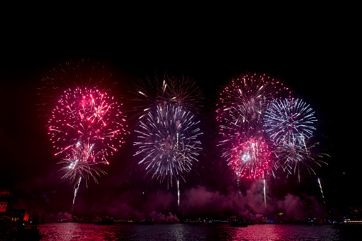 celebretion of independence day at bosphorus with fire work at istanbul strait in turkey