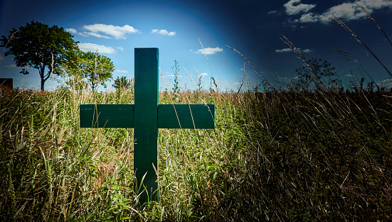 Green cross at the edge of a field, sign of protest by German farmers against the agricultural policy of the European Union