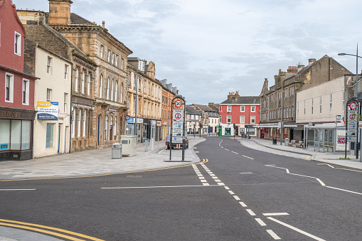 Irvine, Scotland, UK - July 12, 2020: Looking down High Street Irvine in towards the town centre and precinct.