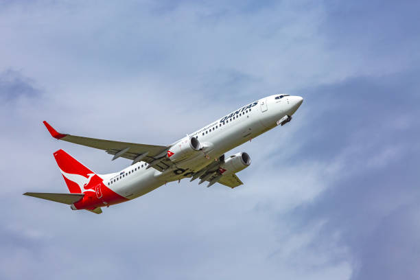 qantas boeing 737-838 "narooma" prende il volo dall'aeroporto di adelaide - wing airplane boeing 737 jet foto e immagini stock