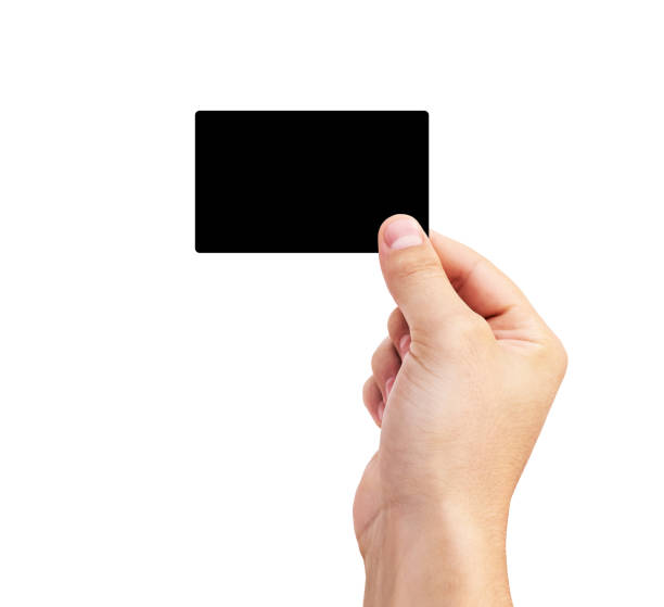 istock Male hand holding virtual white business card 1256983163