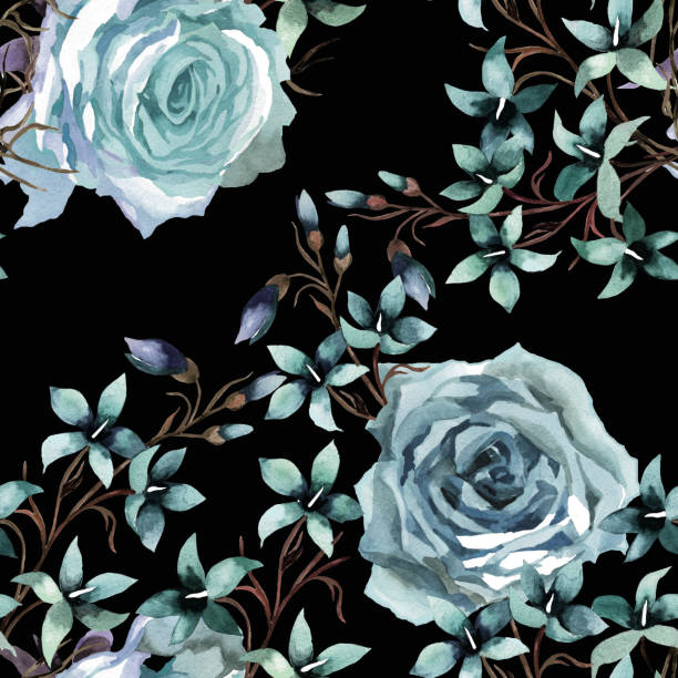 Watercolor light turquoise roses and wild flowers on black seamless pattern Hand painted watercolor light turquoise roses and wild flowers on black seamless pattern for all prints blue rose against black background stock illustrations