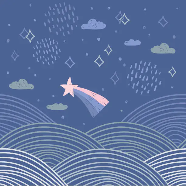 Vector illustration of magic tale card banner design abstract scales comet, night sky, clouds and stars, simple Nature doodle lines scandinavian style background trend of the season, circle pattern Blue pink white. Vector