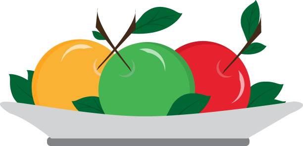 皿の上の色のリンゴのセット。アイコン。色付きの背景で分離されます。 オーガニックフルーツ。新鮮なフルーツ。赤い緑の白。食べ物のアイコンセット。新鮮な緑のカット柑橘類のアイコ - white background isolated macro cut out点のイラスト素材／クリップアート素材／マンガ素材／アイコン素材
