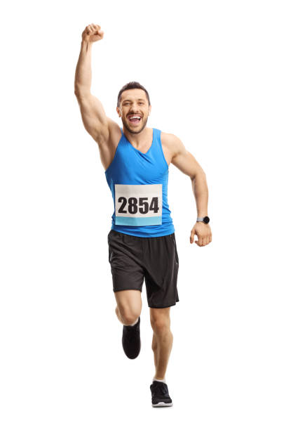 istock Man running a marathon and gesturing happiness 1256986653