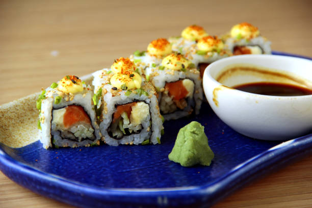 Japanese food called Sushi with wasabi and soy sauce on a plate stock photo
