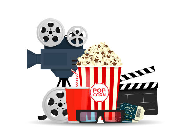 istock Elements of the film industry isolated on white background. Composition with popcorn, clapperboard, 3d glasses and filmstrip. Cinema banner design. 1256986834