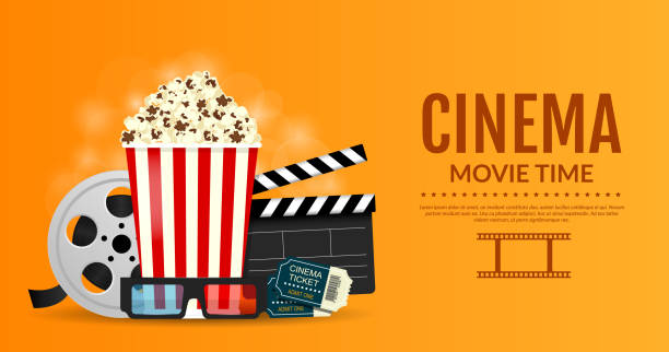 Online cinema banner. Elements of the film industry, popcorn, film reel, clapper board, cinema tickets and 3d glasses. Vector illustration for the cinematography. Online cinema banner. Elements of the film industry, popcorn, film reel, clapper board, cinema tickets and 3d glasses. movie ticket illustrations stock illustrations