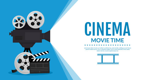 istock Blue movie cinema banner design. Camcorder with place for your text. 1256986836