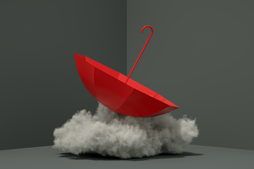 3d rendering of falling umbrella on cloud.