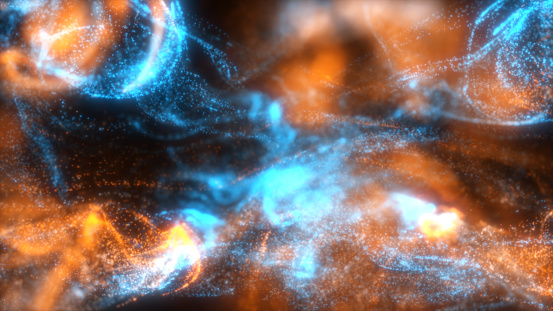Fluid blue and orange color particles flowing beautiful with depth of field abstract background