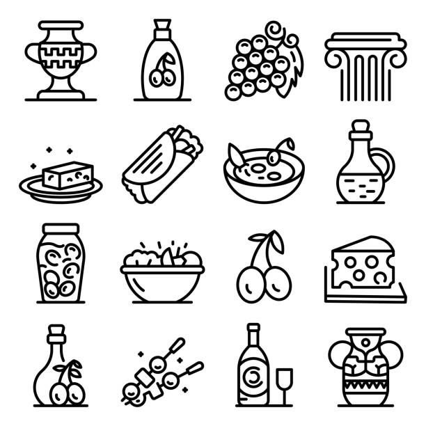 Greek cuisine icons set, outline style Greek cuisine icons set. Outline set of Greek cuisine vector icons for web design isolated on white background greek pita stock illustrations