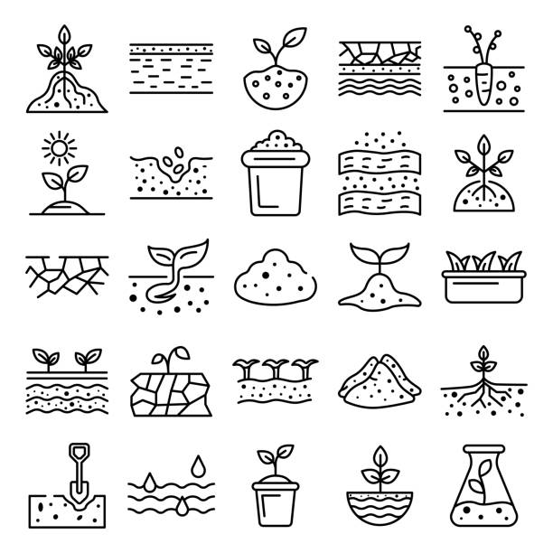 Soil ground icons set, outline style Soil ground icons set. Outline set of soil ground vector icons for web design isolated on white background geology stock illustrations