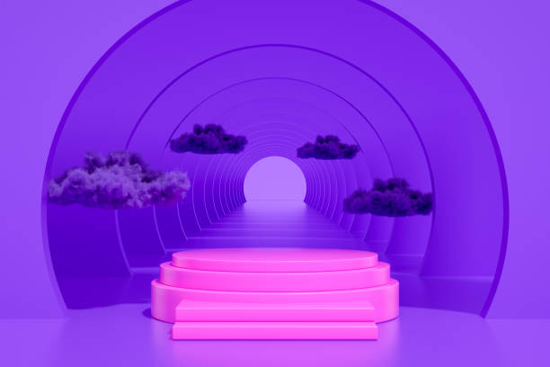 istock 3D Abstract Tunnel Door, Empty Product Stand, Platform, Podium with Cloud 1256992731