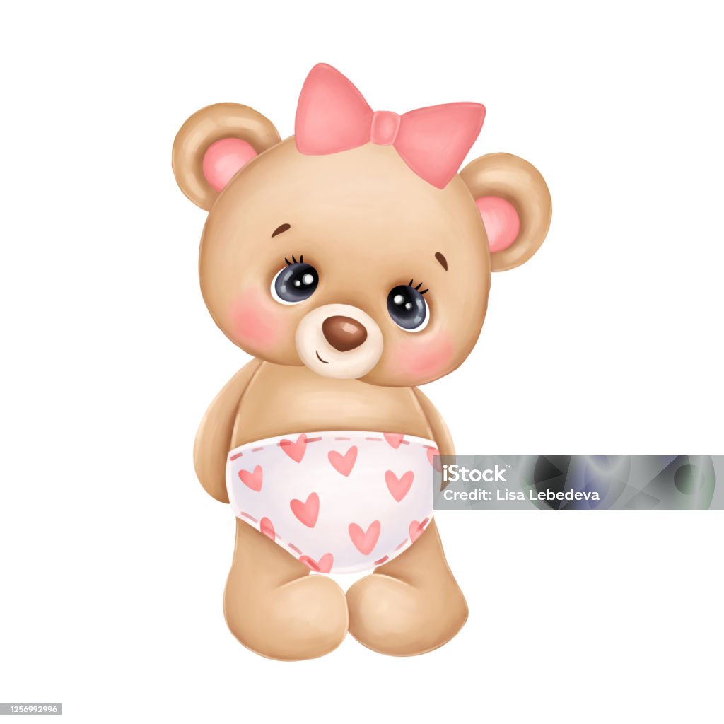 Cute Teddy Bear Girl With A Pink Bow And Hearts Stock Illustration ...