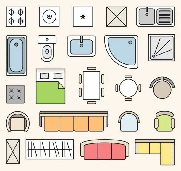 Vector illustration of Vector set of colorful isolated interior design floor plan objects icons