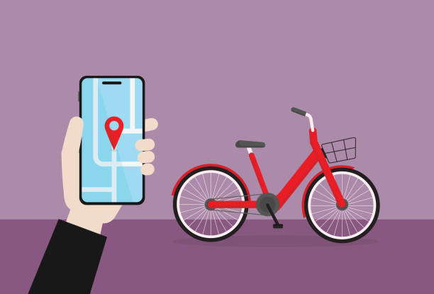ilustraciones, imágenes clip art, dibujos animados e iconos de stock de empresario sostiene un teléfono móvil para usar una bicicleta compartida - bikeshare