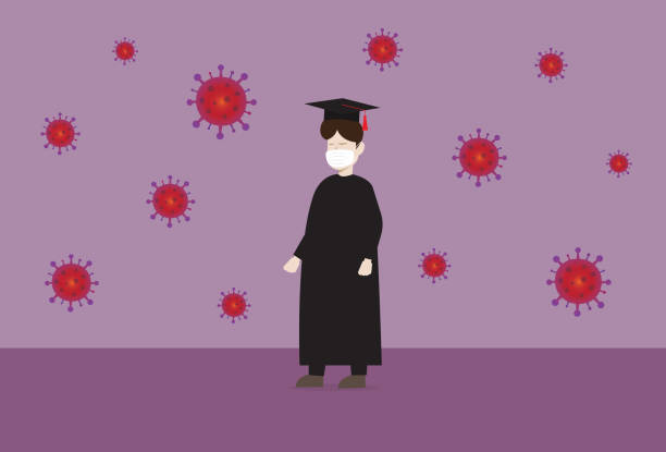 ilustraciones, imágenes clip art, dibujos animados e iconos de stock de un estudiante graduado usa una máscara para proteger un virus - paro
