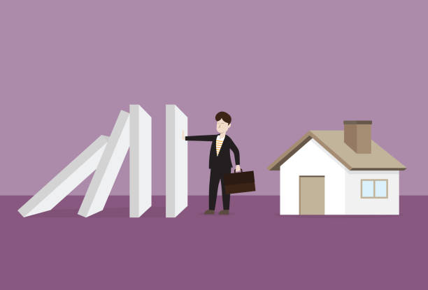 Businessman stops a domino effect to protect a house Deterioration, Loan, House Rental, Banking, Budget, Business, Investment, Residential Building, Housing tax, Property tax, Mortgage landlord stock illustrations