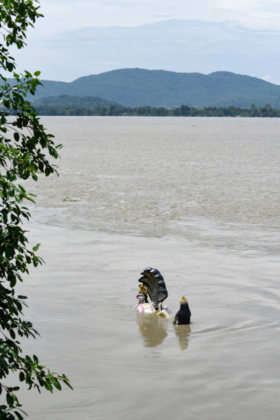 Flood in Assam A statue of Lord Vishnu is seen submerged in the swollen Brahmaputra river, following heavy monsoon rain in Guwahati on 16 July 2020. brahmaputra river stock pictures, royalty-free photos & images